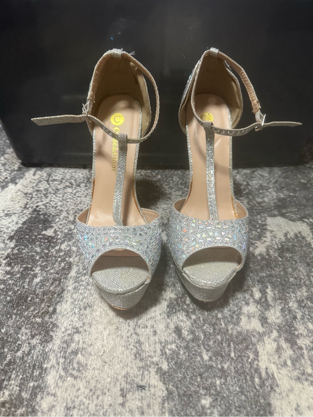 Chase + Chloe Silver Glitter T-Strap Platform Heels